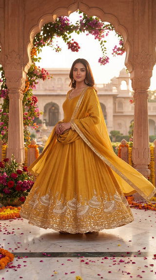 Unstitched Anarkali Dress Material for Women | Designer Lehenga Fabric with Heavy Embroidery (Dyeable Matka Work – Festive & Wedding Wear)
