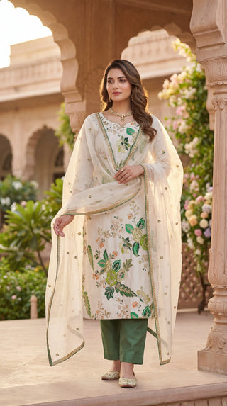 Elegant Floral Unstitched Suit Set for Women | 3 Piece Dress Material with Dupatta & Bottom