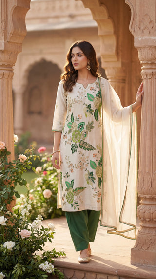 Elegant Floral Unstitched Suit Set for Women | 3 Piece Dress Material with Dupatta & Bottom