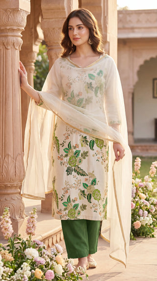 Elegant Floral Unstitched Suit Set for Women | 3 Piece Dress Material with Dupatta & Bottom