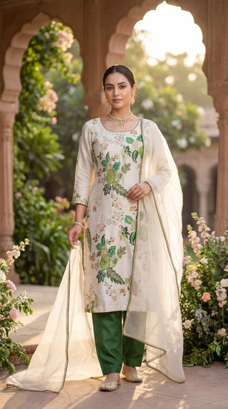 Elegant Floral Unstitched Suit Set for Women | 3 Piece Dress Material with Dupatta & Bottom