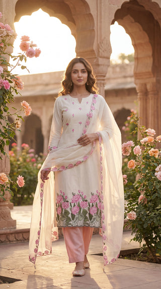 Pink Printed Cotton Unstitched Dress Material Set for Women | 2.5M Suit Material with Bottom & Dupatta | Summer Wear Cotton Suit