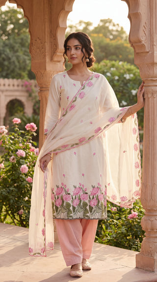 Pink Printed Cotton Unstitched Dress Material Set for Women | 2.5M Suit Material with Bottom & Dupatta | Summer Wear Cotton Suit