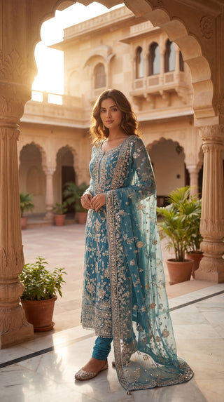 Premium Crepe Designer Unstitched Suit with Dupatta | Embroidered Crepe Dress Material for Party Wear & Wedding Wear