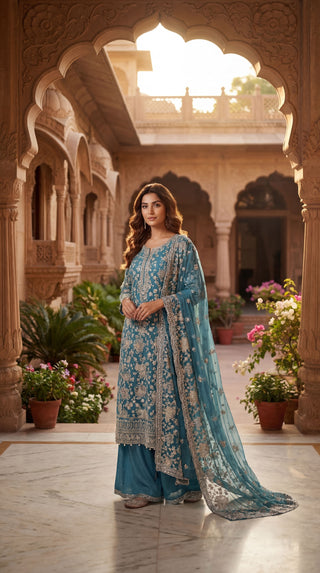 Premium Crepe Designer Unstitched Suit with Dupatta | Embroidered Crepe Dress Material for Party Wear & Wedding Wear