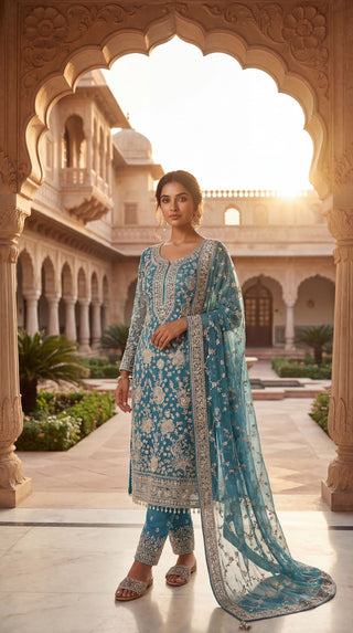 Premium Crepe Designer Unstitched Suit with Dupatta | Embroidered Crepe Dress Material for Party Wear & Wedding Wear