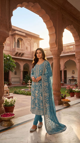 Premium Crepe Designer Unstitched Suit with Dupatta | Embroidered Crepe Dress Material for Party Wear & Wedding Wear