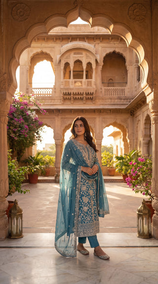 Premium Crepe Designer Unstitched Suit with Dupatta | Embroidered Crepe Dress Material for Party Wear & Wedding Wear