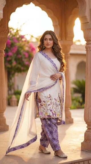 Premium Pure Cotton Unstitched Dress Material for Women | Embroidered Cotton Suit Material with Printed Bottom & Dupatta (Ivory & Purple)