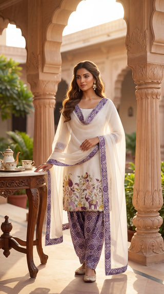 Premium Pure Cotton Unstitched Dress Material for Women | Embroidered Cotton Suit Material with Printed Bottom & Dupatta (Ivory & Purple)