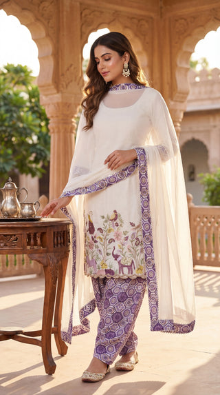 Premium Pure Cotton Unstitched Dress Material for Women | Embroidered Cotton Suit Material with Printed Bottom & Dupatta (Ivory & Purple)