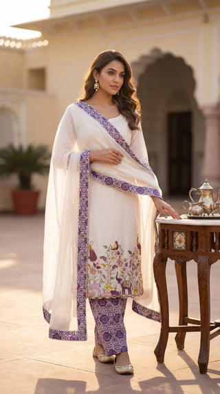 Premium Pure Cotton Unstitched Dress Material for Women | Embroidered Cotton Suit Material with Printed Bottom & Dupatta (Ivory & Purple)