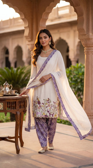 Premium Pure Cotton Unstitched Dress Material for Women | Embroidered Cotton Suit Material with Printed Bottom & Dupatta (Ivory & Purple)