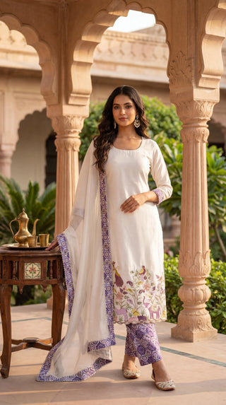 Premium Pure Cotton Unstitched Dress Material for Women | Embroidered Cotton Suit Material with Printed Bottom & Dupatta (Ivory & Purple)