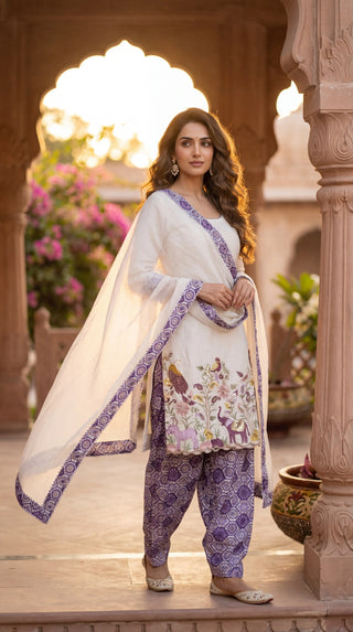 Premium Pure Cotton Unstitched Dress Material for Women | Embroidered Cotton Suit Material with Printed Bottom & Dupatta (Ivory & Purple)
