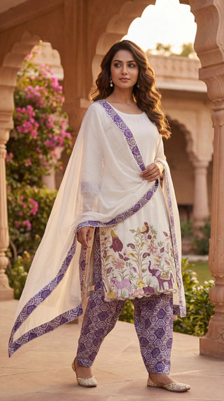 Premium Pure Cotton Unstitched Dress Material for Women | Embroidered Cotton Suit Material with Printed Bottom & Dupatta (Ivory & Purple)
