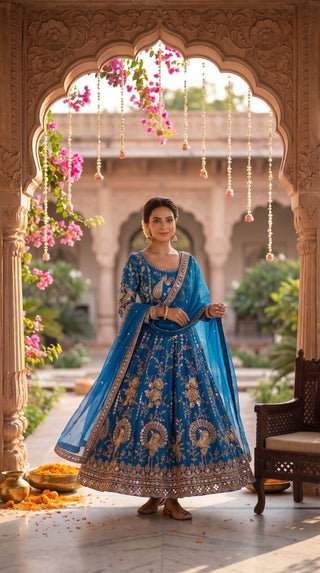 Unstitched Peacock Design Suit Material for Women | Dyeable Designer Anarkali & Lehenga Fabric with Heavy Embroidery